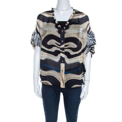 Roberto Cavalli Multicolor Striped Silk Batwing Sleeve Ruffled Top S - Roberto Cavalli - Modalova