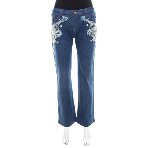 Roberto Cavalli Blue Crystal Embellished Denim Wide Leg Jeans L - Roberto Cavalli - Modalova