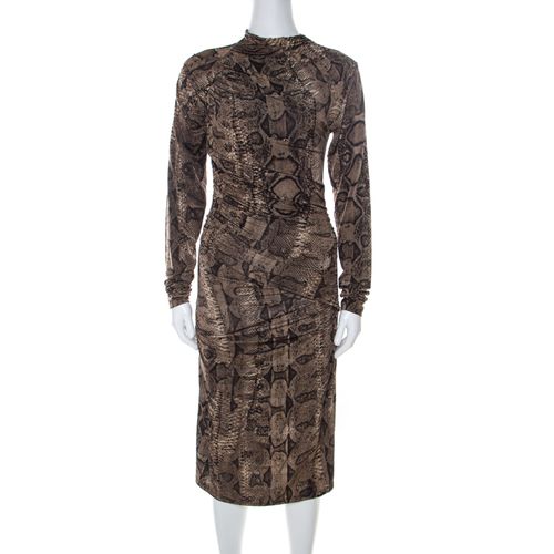 Roberto Cavalli Brown Snake Printed Jersey Ruched Detail Dress S - Roberto Cavalli - Modalova