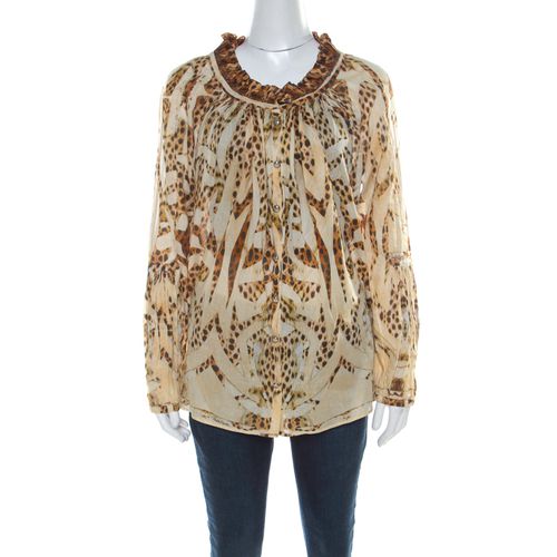 Roberto Cavalli Beige Leopard Printed Cotton Ruched Neckline Poet Blouse M - Roberto Cavalli - Modalova