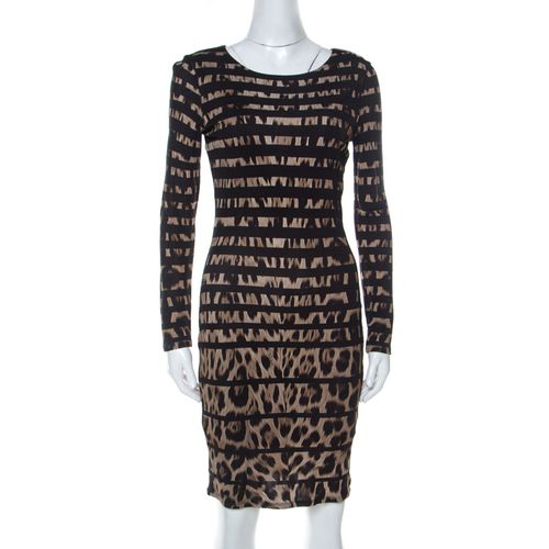 Roberto Cavalli Black Leopard and Stripe Print Stretch Long Sleeve Dress S - Roberto Cavalli - Modalova