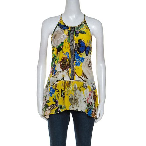 Roberto Cavalli Yellow Printed Silk Lace Detail Halter Top M - Roberto Cavalli - Modalova