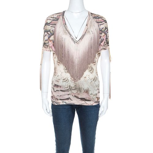 Roberto Cavalli Multicolor Printed Fringed Neckline V-Neck Top S - Roberto Cavalli - Modalova