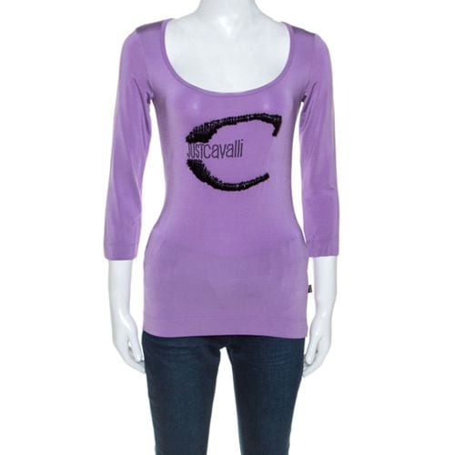 Roberto Cavalli Lilac Jersey Embellished Logo Scoop Neck Top S - Roberto Cavalli - Modalova