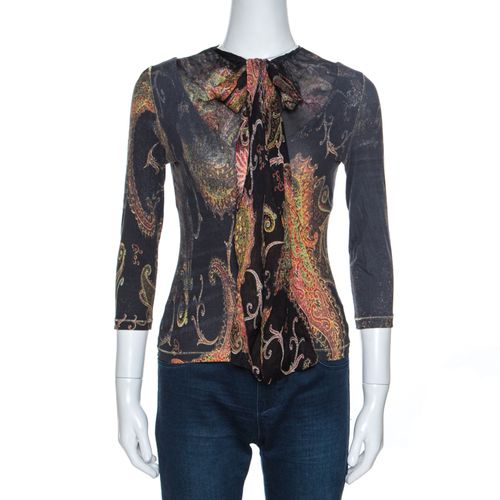 Roberto Cavalli Black Printed Stretch Knit Neck Tie Detail Top S - Roberto Cavalli - Modalova