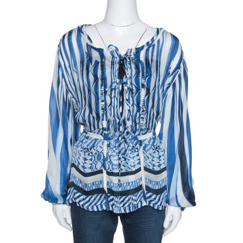 Roberto Cavalli Blue and White Deco Print Silk Tie Up Blouse M - Roberto Cavalli - Modalova