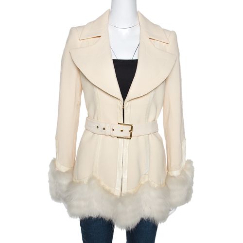 Roberto Cavalli Cream Wool Fox Fur Trim Belted Jacket M - Roberto Cavalli - Modalova