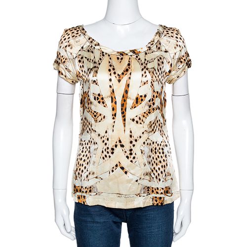 Roberto Cavalli Cream and Beige Silk Leopard Print Short Sleeve Top S - Roberto Cavalli - Modalova