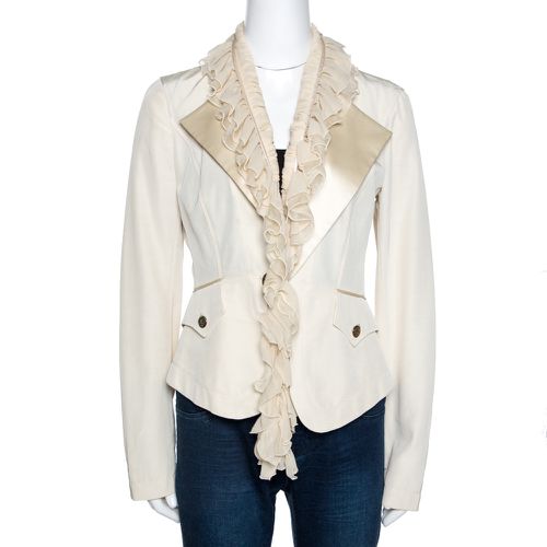 Roberto Cavalli Cream Cotton Blend Ruffle Detail Jacket M - Roberto Cavalli - Modalova