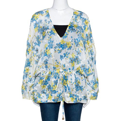 Roberto Cavalli Blue & White Floral Print Silk Sheer Kaftan Top M - Roberto Cavalli - Modalova