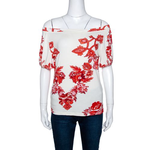 Roberto Cavalli White and Red Floral Print Off Shoulder Top L - Roberto Cavalli - Modalova