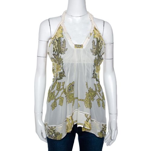 Roberto Cavalli Cream Printed Silk Sheer Halter Top S - Roberto Cavalli - Modalova