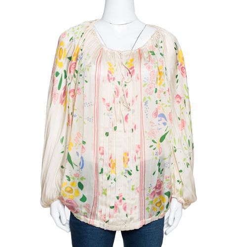 Roberto Cavalli Cream Floral Print Silk Sheer Kaftan Top M - Roberto Cavalli - Modalova