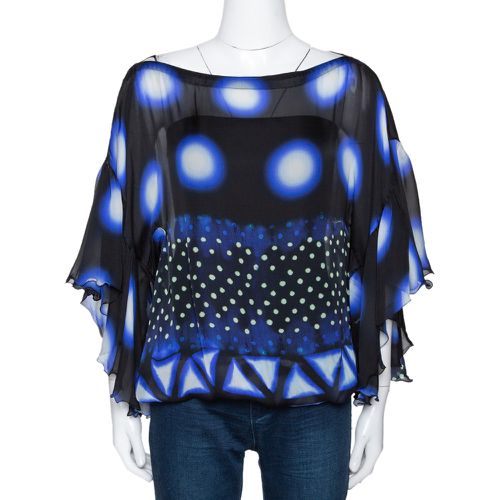 Roberto Cavalli Blue & Black Printed Silk Sheer Blouse S - Roberto Cavalli - Modalova