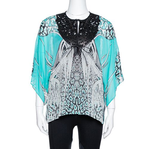 Roberto Cavalli Turquoise Blue Printed Silk Leather Trim Kaftan Top M - Roberto Cavalli - Modalova