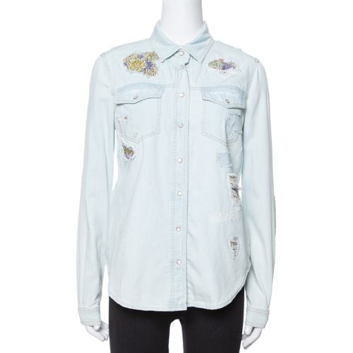 Roberto Cavalli Light Blue Distressed Denim Patch Detail Shirt S - Roberto Cavalli - Modalova