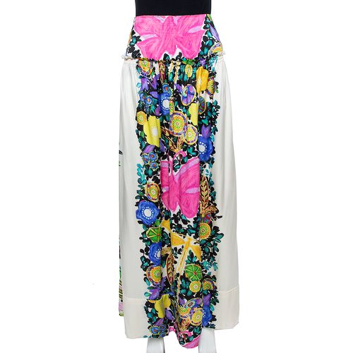 Roberto Cavalli Cream Flora & Fauna Print Satin Silk Maxi Skirt L - Roberto Cavalli - Modalova