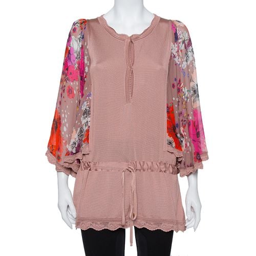 Roberto Cavalli Blush Pink Wool Floral Print Sleeve Detail Drop Waist Tunic S - Roberto Cavalli - Modalova