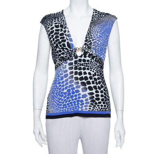 Roberto Cavalli Blue & Black Knit Animal Print Plunge Neck Top M - Roberto Cavalli - Modalova