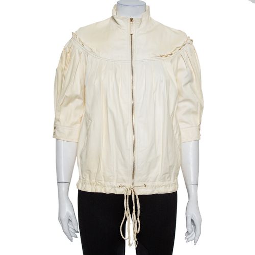 Roberto Cavalli Cream Leather Pleated Detail Zipper Front Jacket S - Roberto Cavalli - Modalova