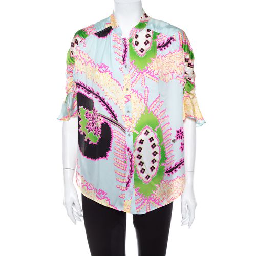 Roberto Cavalli Multicolor Abstract Printed Silk Ruffle Sleeve Blouse L - Roberto Cavalli - Modalova