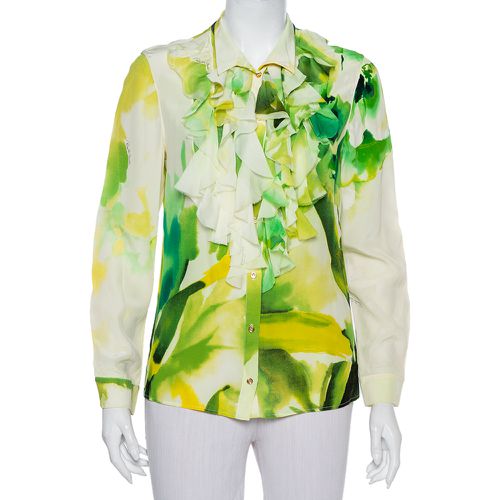 Roberto Cavalli Green Printed Silk Ruffled Detail Button Front Shirt M - Roberto Cavalli - Modalova