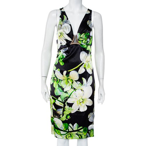 Floral Printed Silk Satin Plunging Neck Dress M - Roberto Cavalli - Modalova