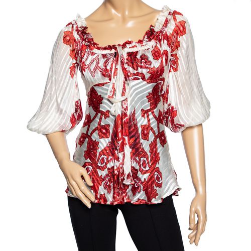 Ivory & Red Printed Silk Neck Tie Detail Blouse S - Roberto Cavalli - Modalova