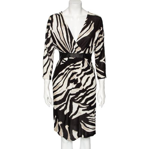 Monochrome Printed Jersey & Leather Detailed Draped Dress S - Roberto Cavalli - Modalova