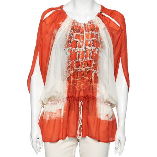 Roberto Cavalli Orange & White Printed Silk Drawstring Detail Kaftan Blouse S - Roberto Cavalli - Modalova