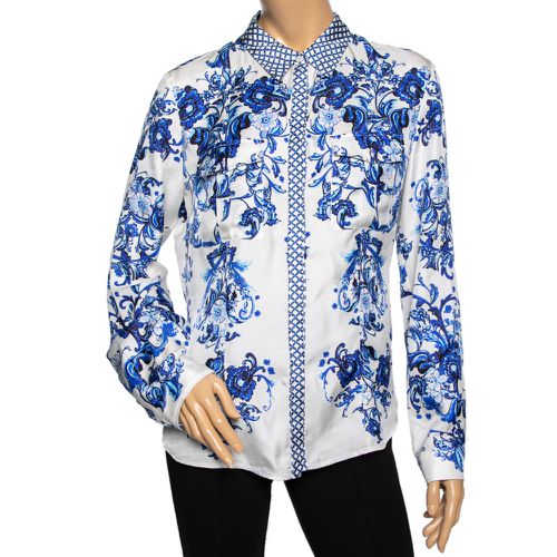 Roberto Cavalli White & Blue Floral Print Long Sleeve Shirt L - Roberto Cavalli - Modalova