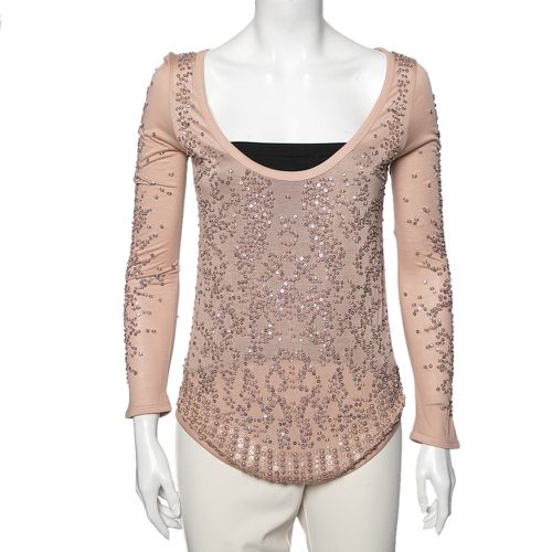 Roberto Cavalli Pink Sequin Embellished Modal Knit Scoop Neck T-Shirt S - Roberto Cavalli - Modalova