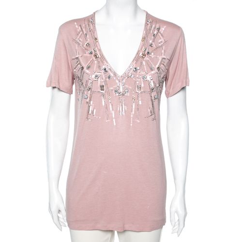 Roberto Cavalli Pink Jersey Embellished V-Neck Short Sleeve T-Shirt M - Roberto Cavalli - Modalova