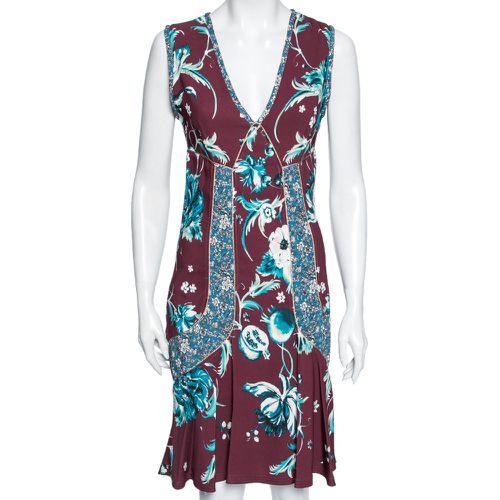 Roberto Cavalli Burgundy Floral Printed Jersey Flared V Neck Dress M - Roberto Cavalli - Modalova