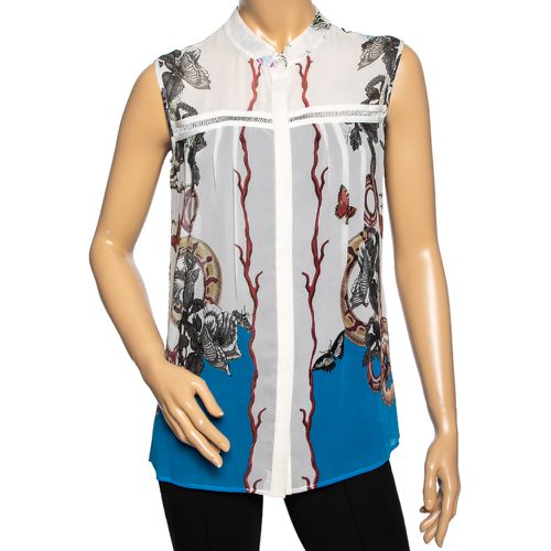 And Blue Printed Silk Sleeveless Button Front Top M - Roberto Cavalli - Modalova