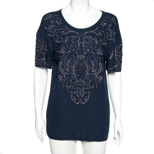 Roberto Cavalli Navy Blue Cotton Beaded and Embroidered Front Top M - Roberto Cavalli - Modalova