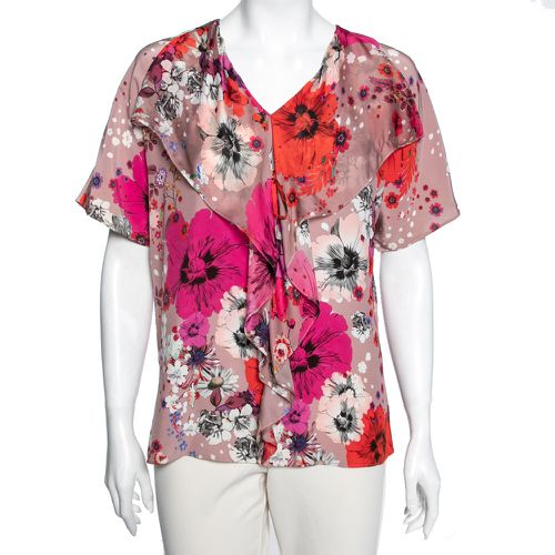 Roberto Cavalli Pink Floral Printed Silk Front Ruffle Detail Top M - Roberto Cavalli - Modalova