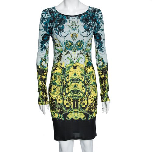 Roberto Cavalli Yellow and Blue Printed Jersey Long Sleeve Crew Neck Dress M - Roberto Cavalli - Modalova