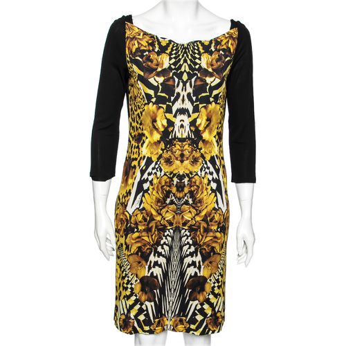 Roberto Cavalli Gold and Black Floral Printed Jersey Dress M - Roberto Cavalli - Modalova