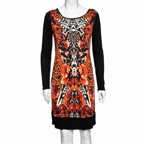 Roberto Cavalli Black and Orange Printed Jersey Long Sleeve Dress M - Roberto Cavalli - Modalova