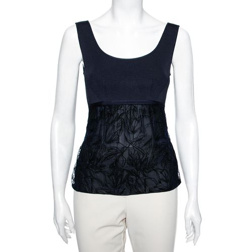 Roberto Cavalli Navy Blue Rib Knit Mesh Overlay Detailed Top M - Roberto Cavalli - Modalova