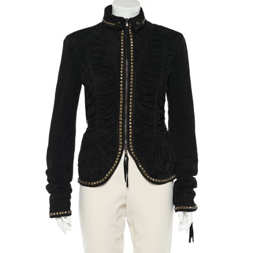 Roberto Cavalli Black Studded Suede Zip Front Ruched Jacket M - Roberto Cavalli - Modalova