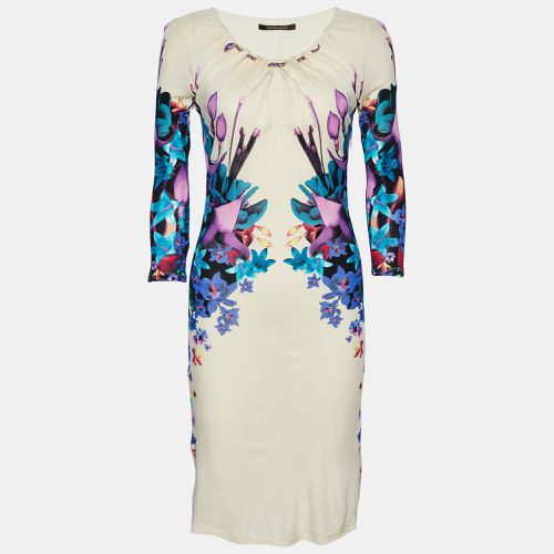 Roberto Cavalli Cream Floral Print Jersey Serpent Detail Sheath Dress S - Roberto Cavalli - Modalova