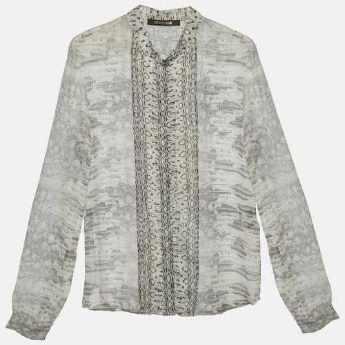 Roberto Cavalli Light Grey Snakeskin Printed Silk Button Front Shirt S - Roberto Cavalli - Modalova