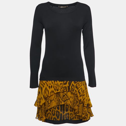 Roberto Cavalli Black Animal Print Silk & Jersey Full Sleeve Flared Short Dress S - Roberto Cavalli - Modalova