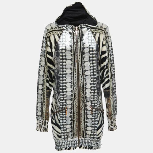 Roberto Cavalli Black/White Printed Velvet Zip Front Hooded Jacket M - Roberto Cavalli - Modalova