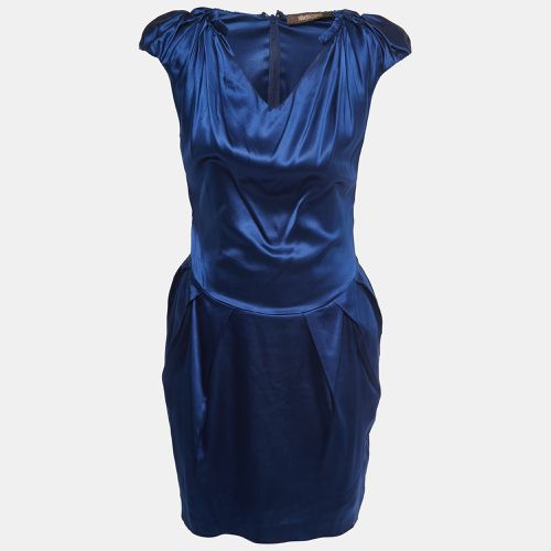 Roberto Cavalli Blue Satin Silk V Neck Pleated Short Dress S - Roberto Cavalli - Modalova