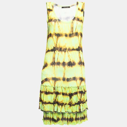 Roberto Cavalli Neon Green/Yellow Abstract Print Jersey Frilled Sleeveless Short Dress S - Roberto Cavalli - Modalova