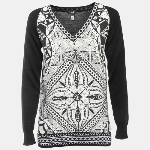 Class by Roberto Cavalli Black Wool & Printed Silk V-Neck Sweater S - Class by Roberto Cavalli - Modalova