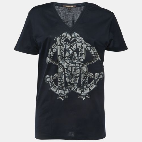 Roberto Cavalli Navy Blue Logo Print Cotton V-Neck Half Sleeve T-Shirt M - Roberto Cavalli - Modalova